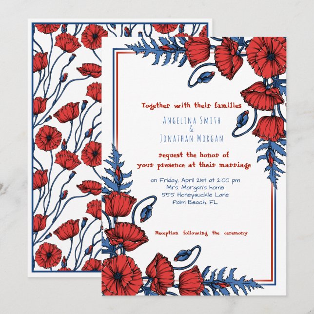 Personalised Poppy Floral Wedding Invitation (Front/Back)