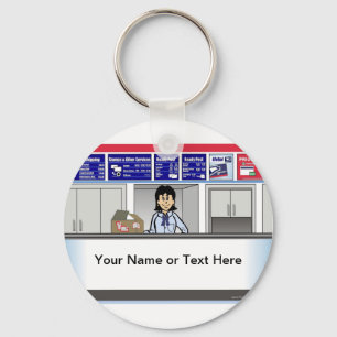 Personalised Postal Counter Worker Female Cartoon Key Ring