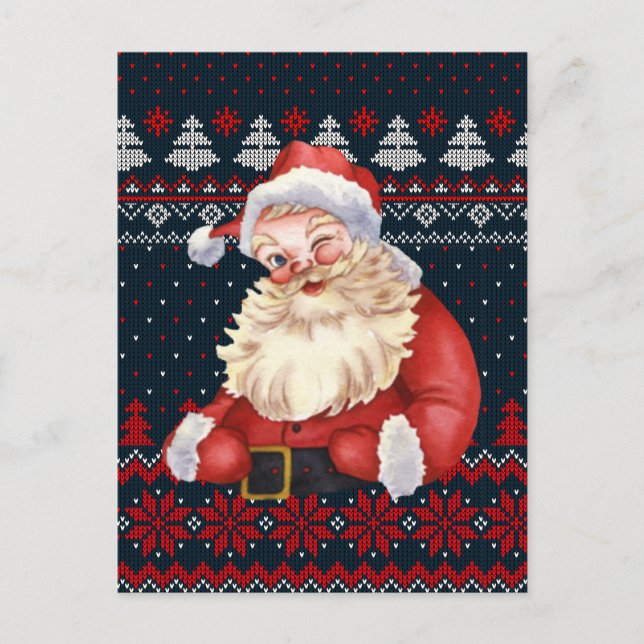 Personalised Postcard Winking Santa Claus Knitted (Front)