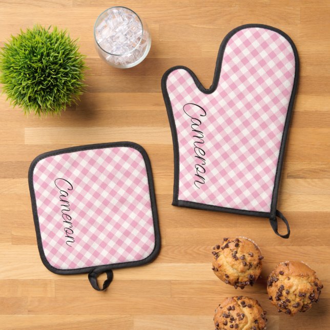 Personalised Pot Holder Mitt Set Pink Gingham (Top Down)