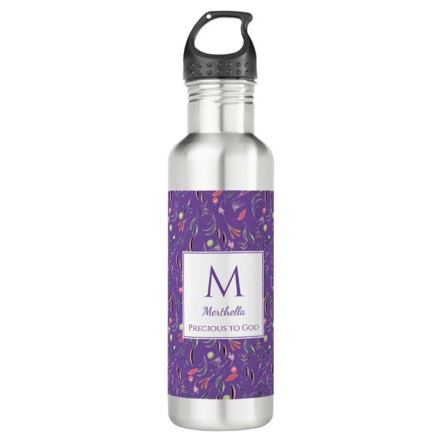 Personalised PRECIOUS2GOD Mauve Floral Monogram 710 Ml Water Bottle (Front)