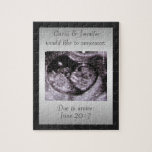 Personalised Pregnancy Announcement Surprise Jigsaw Puzzle<br><div class="desc">"Looking for a fun way to break the news?"
Pregnancy announcement - customise with your own sonogram,  ultrasound,  photo of your pregnancy test or other image.
All text can be customised with your own message.
The outside black frame can be changed to the colour of your choice.</div>