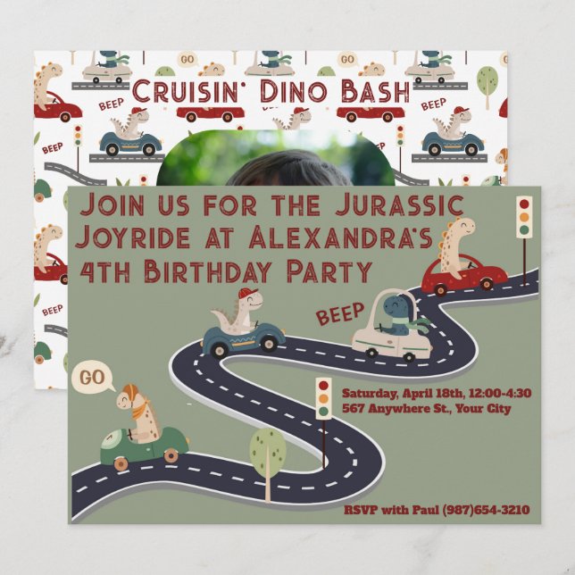 Personalised Prehistoric Colourful Dinosaurs Invitation (Front/Back)