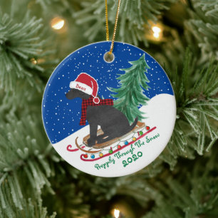 Personalised Preppy Black Lab Xmas Sled Ceramic Tree Decoration