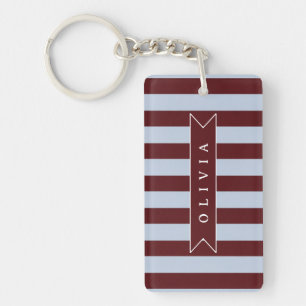 Personalised Preppy Brown Blue Cabana Stripe Key Ring