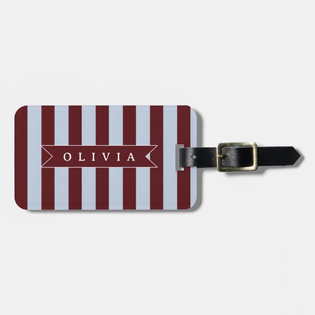 Personalised Preppy Brown Blue Cabana Stripe Luggage Tag (Front Horizontal)