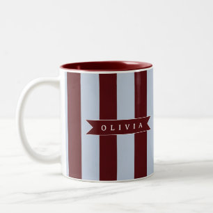 Personalised Preppy Brown Blue Cabana Stripe Two-Tone Coffee Mug