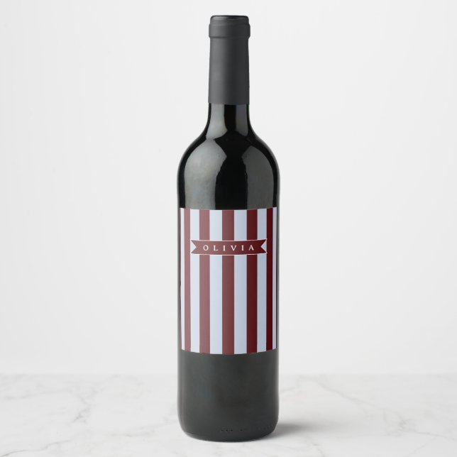 Personalised Preppy Brown Blue Cabana Stripe Wine Label (Front)