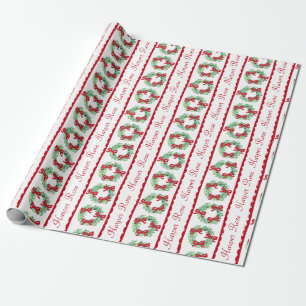 Personalised Preppy Christmas Wreath with Red Bows Wrapping Paper