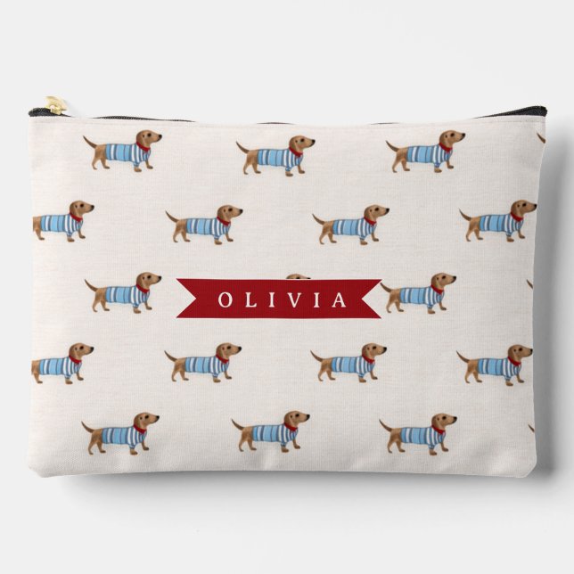 Personalised Preppy Cute Dachshund Dog Pattern Accessory Pouch (Front)
