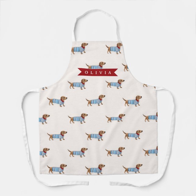 Personalised Preppy Cute Dachshund Dog Pattern Apron (Front)