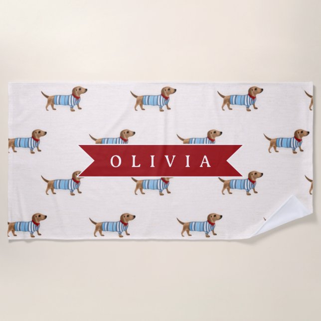 Personalised Preppy Cute Dachshund Dog Pattern Beach Towel (Front)