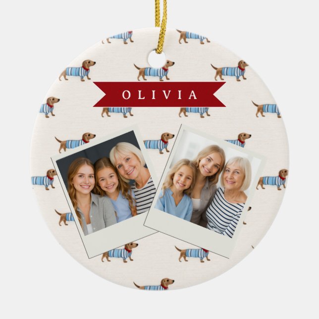 Personalised Preppy Cute Dachshund Dog Pattern Ceramic Tree Decoration (Front)
