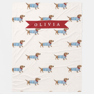 Personalised Preppy Cute Dachshund Dog Pattern Fleece Blanket