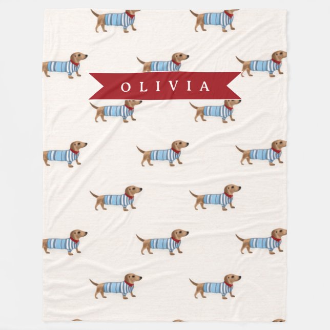 Personalised Preppy Cute Dachshund Dog Pattern Fleece Blanket (Front)