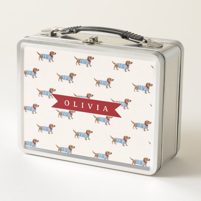 Personalised Preppy Cute Dachshund Dog Pattern Metal Lunch Box (Front)