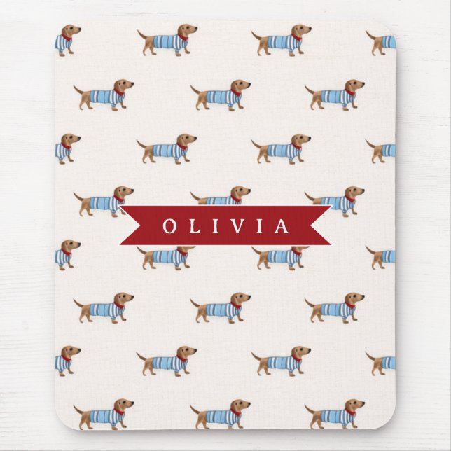 Personalised Preppy Cute Dachshund Dog Pattern Mouse Mat (Front)