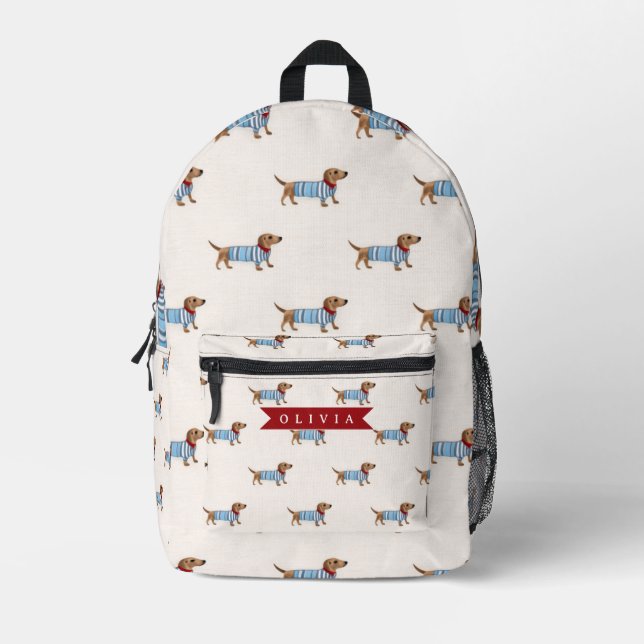 Personalised Preppy Cute Dachshund Dog Pattern Printed Backpack (Front)
