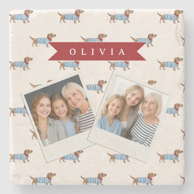 Personalised Preppy Cute Dachshund Dog Pattern Stone Coaster (Front)