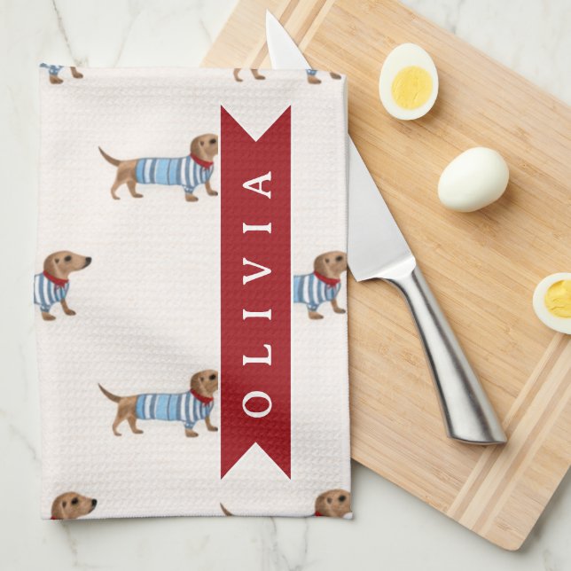 Personalised Preppy Cute Dachshund Dog Pattern Tea Towel (Quarter Fold)