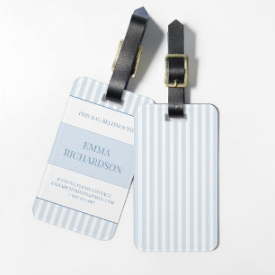 Personalised Preppy Dusty Blue Striped Name Travel Luggage Tag