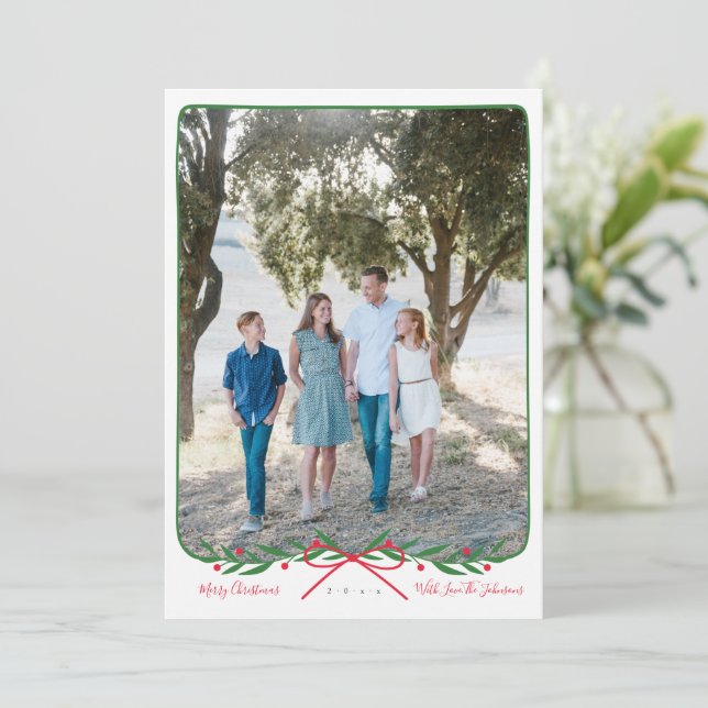 Personalised Preppy Holiday Wreath with Red Bow Card (Standing Front)