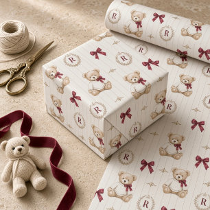Personalised Preppy Teddy Bear Burgundy Bow Wrapping Paper
