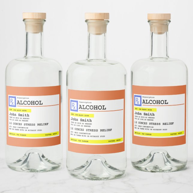 Personalised Prescription Humourous Alcohol    Liquor Bottle Label (Bottles)