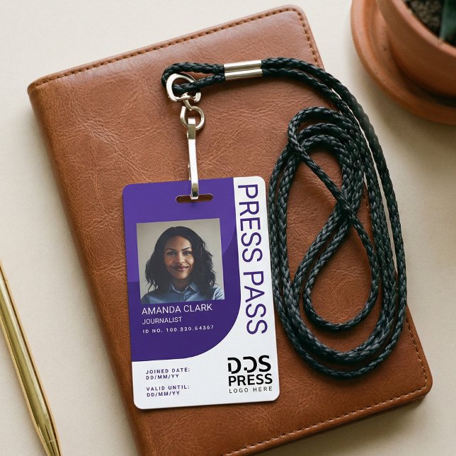 Personalised Press Pass Photo ID Modern Minimal Badge (Purple Modern & Minimal Press Pass Photo ID Badge)
