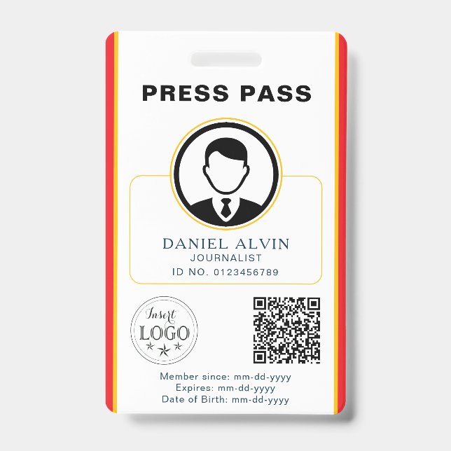 Personalised Press Pass with Photo ID & QR Code Badge (Front)