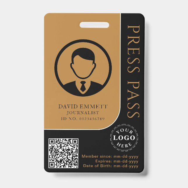 Personalised Press Pass with Photo ID & QR Code Badge (Front)