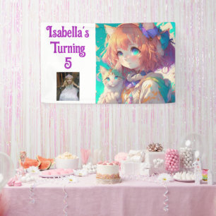 Personalised Pretty Anime Girl with Kitten Banner