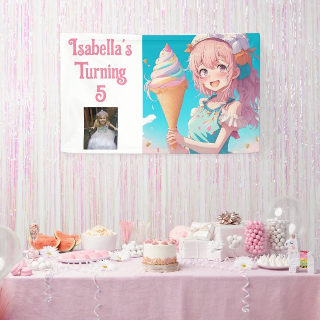 Personalised Pretty Anime Ice Cream Birthday Party Banner (Party)