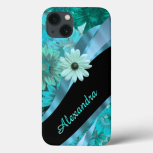 Personalised pretty aqua blue floral pattern iPhone 13 case