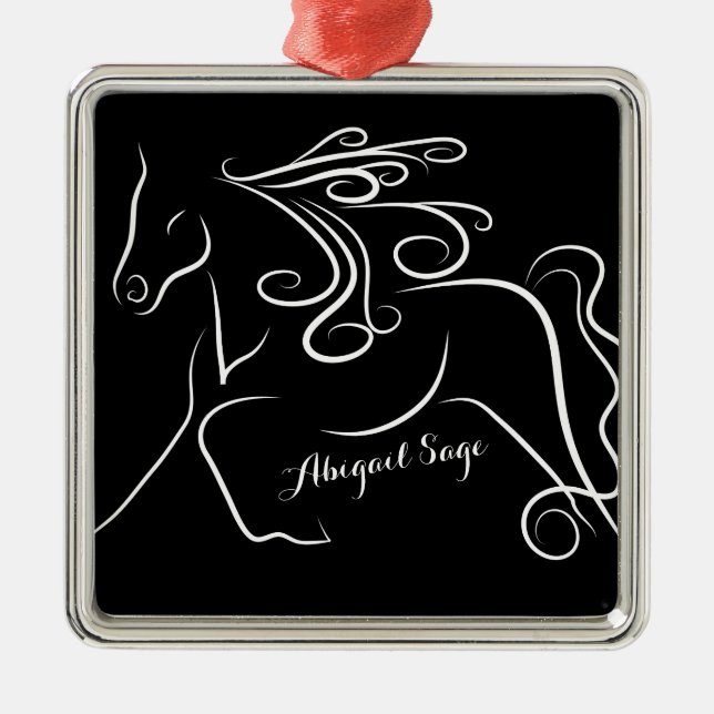 Personalised Pretty Black White Silhouette Horse Metal Tree Decoration (Front)