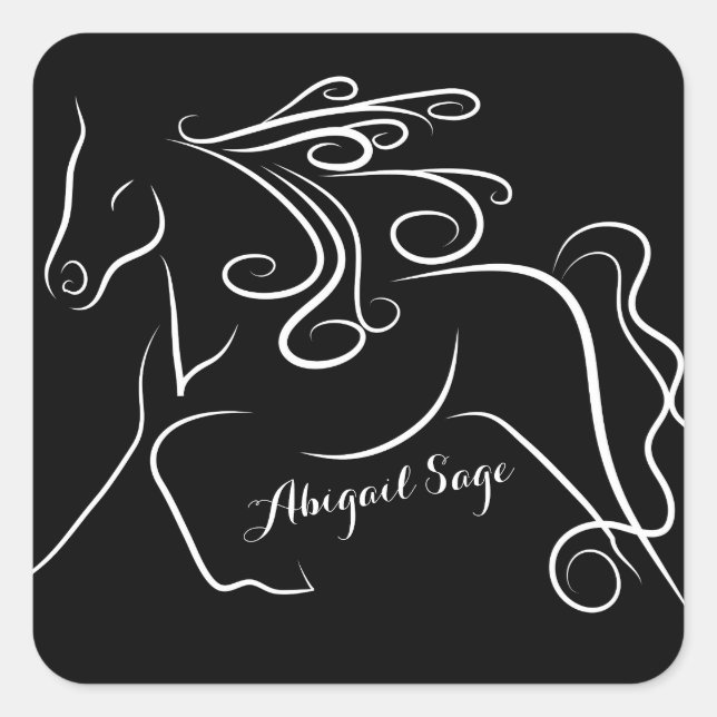 Personalised Pretty Black White Silhouette Horse Square Sticker (Front)
