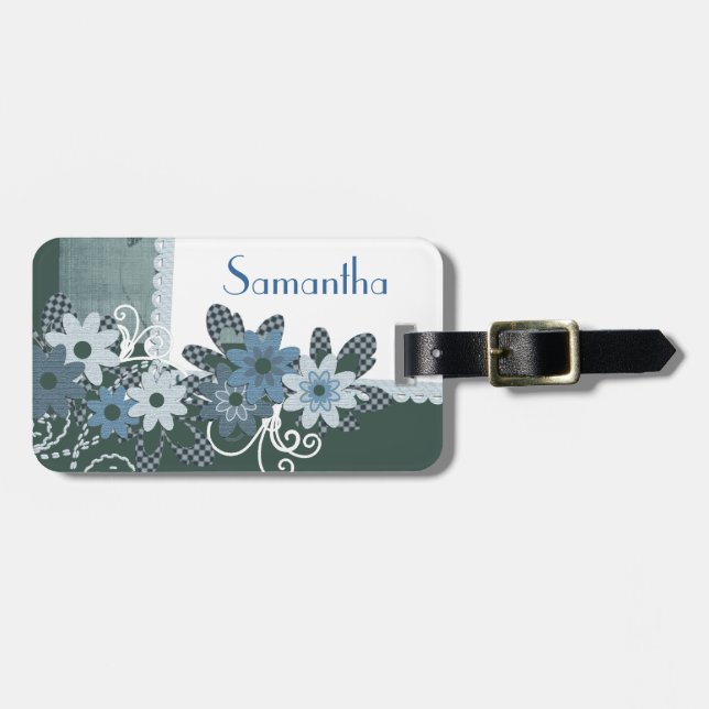Personalised Pretty Blue Flowery Tag with Name (Front Horizontal)