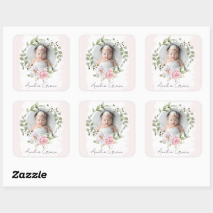 Personalised Pretty Blush Floral Baby Girl Photo Square Sticker