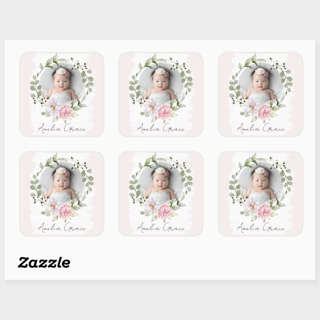 Personalised Pretty Blush Floral Baby Girl Photo Square Sticker (Sheet)