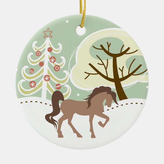 Personalised Pretty Brown Horse Snowy Winter Ceramic Tree Decoration (Front)