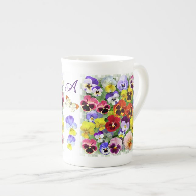 Personalised Pretty Colourful Pansies Bone China M Mug (Front Right)