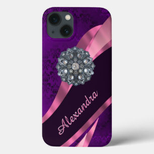 Personalised pretty elegant purple damask pattern iPhone 13 case