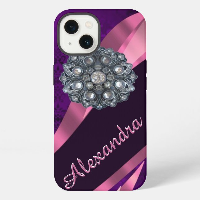 Personalised pretty elegant purple damask pattern iPhone case (Back)
