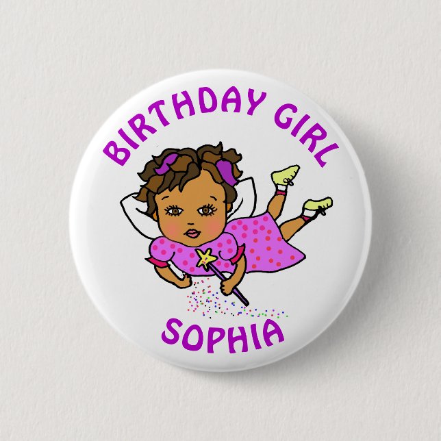 Personalised Pretty Fairy Birthday Girl 6 Cm Round Badge (Front)