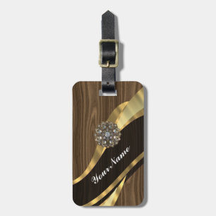 Personalised pretty faux dark oak wood luggage tag