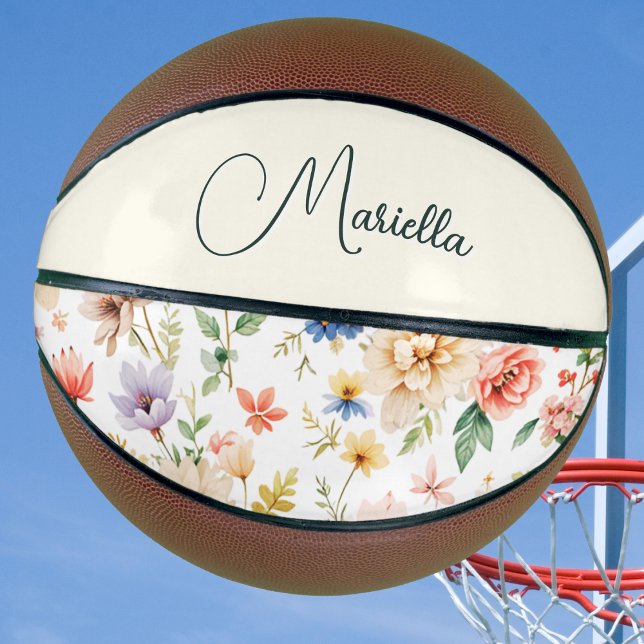 Personalised Pretty Floral Elegant Script Name Basketball (A fun, floral basketball with personalized name in elegant script typography)