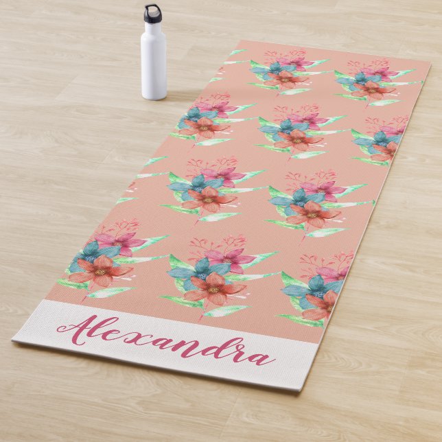 Personalised Pretty Floral Peach Pattern Yoga Mat (In Situ)