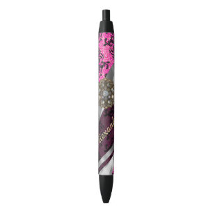 Personalised  pretty girly fuchsia damask pattern black ink pen