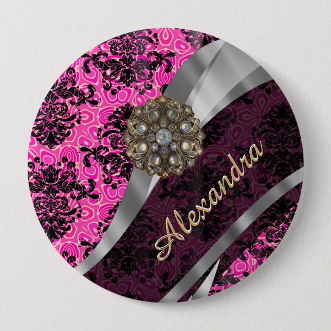 Personalised pretty girly pink damask pattern 10 cm round badge (Front)