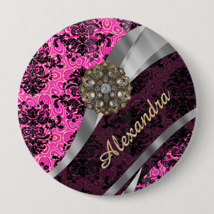 Personalised pretty girly pink damask pattern 10 cm round badge